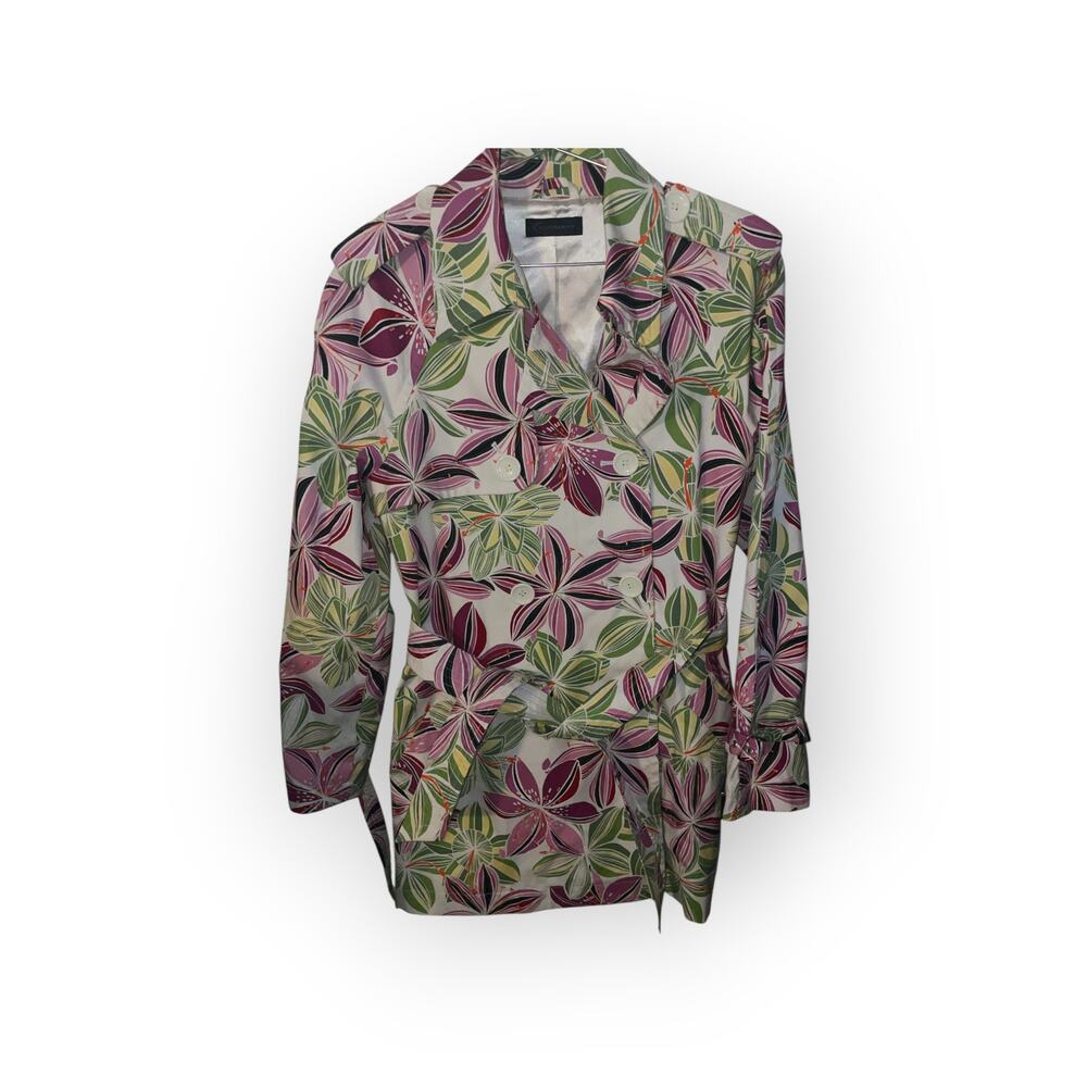 Context Retro Y2K 1970's Style Bright Floral Belted Trench Coat | Size L | EUC